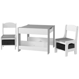 3 Piece Kids Table and Chair Set with Reversible Tabletop, Blackboard, Storage, Bookshelf, for Playroom, Nursery, Grey (Option: grey)