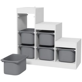 3 Layers Toy Storage Organizer Kids Bookshelf Children Toy Storage w/ 6 Plastic Bins, White (Option: grey)